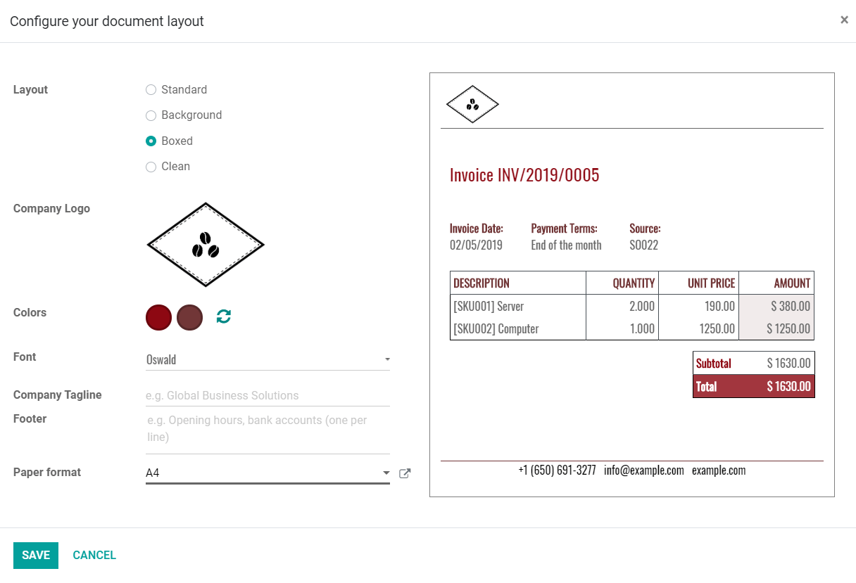 Configuración del diseño del documento en la aplicación de Facturación de Odoo