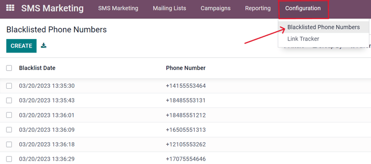 Menú de lista de denegación de SMS en la aplicación