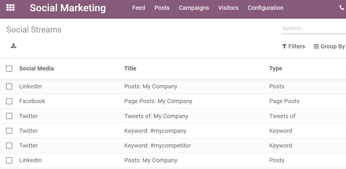 Vista de la página de cuentas de redes sociales en la aplicación de Marketing Social de Odoo. 