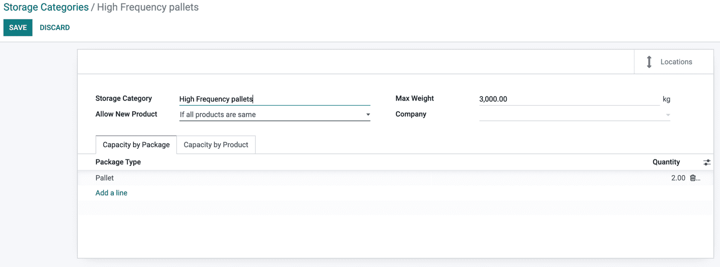 Crear categorías de almacenamiento en los ajustes de configuración de la aplicación Inventario de Odoo.