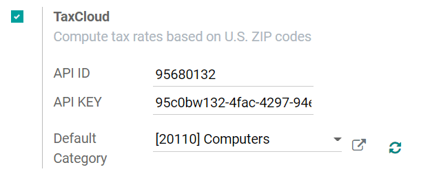 Completar las claves API de TaxCloud en Odoo.