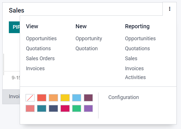 Haga clic en los tres puntos para abrir el menú en el tablero de la aplicación CRM de Odoo para ver documentos y crear oportunidades.