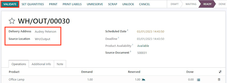 Haga clic en validar en la orden de entrega para transferir el producto de la ubicación de salida a la ubicación del cliente. 