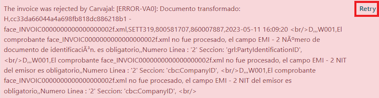 Errores de validación XML que se muestran en el chatter de la factura en Odoo.